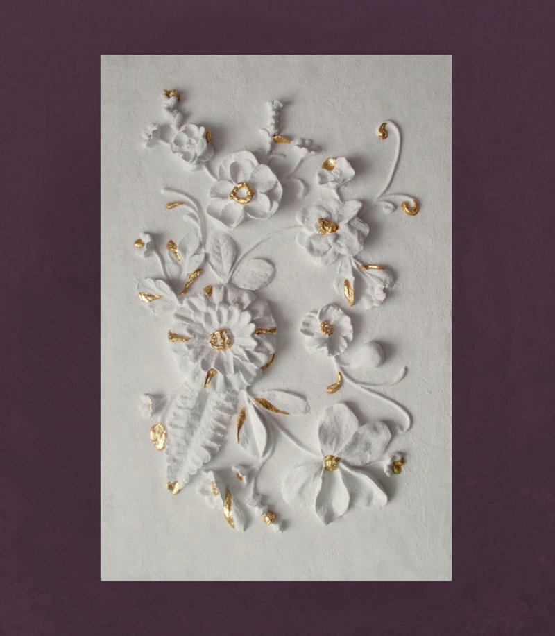 Sculptural wall art Gold and White bas-relief Botanical artwork Flowers 3d - ตกแต่งผนัง - วัสดุอื่นๆ หลากหลายสี