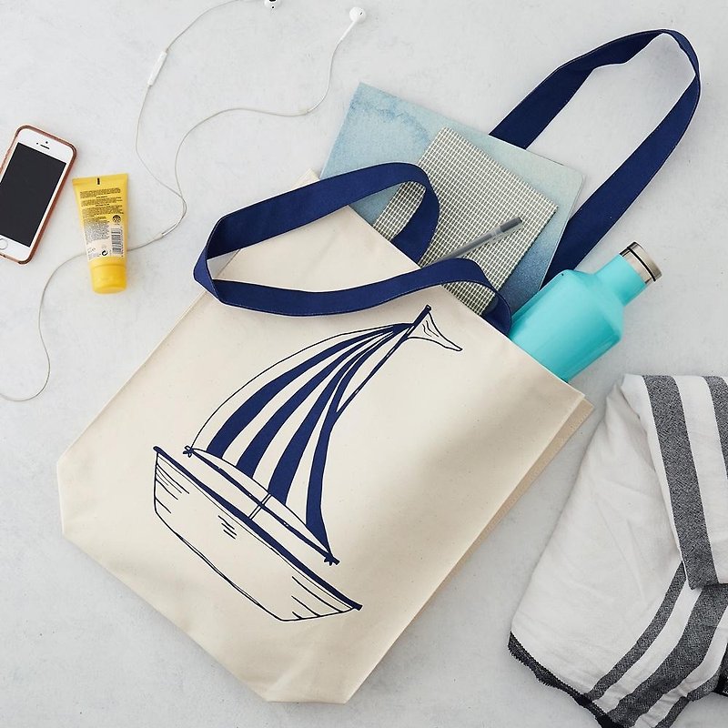 British egg cotton canvas bag anchor & sailboat - Handbags & Totes - Cotton & Hemp Blue
