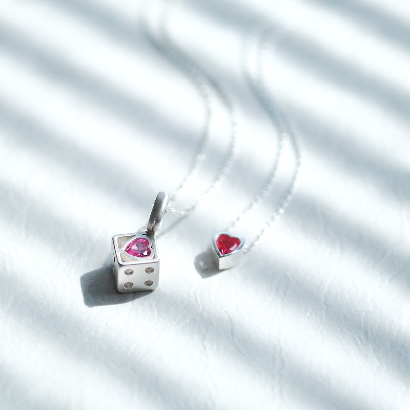 2pcs set) Ruby Heart Dice Pair Necklace Silver 925 - สร้อยคอ - โลหะ สีแดง