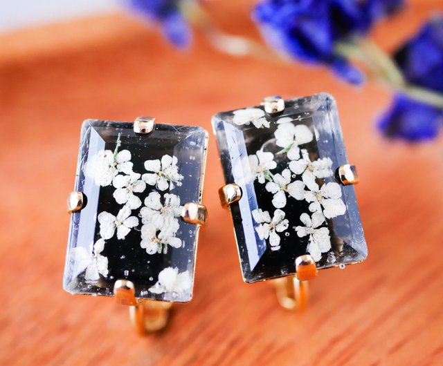 レースフラワーの押し花イヤリング/レクタング・長方形シリーズ