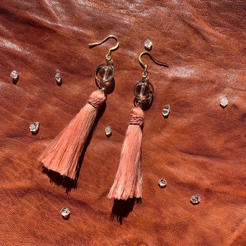 -Earrings- Madder dyed refined hemp and Manikarn crystal - Earrings & Clip-ons - Cotton & Hemp Pink