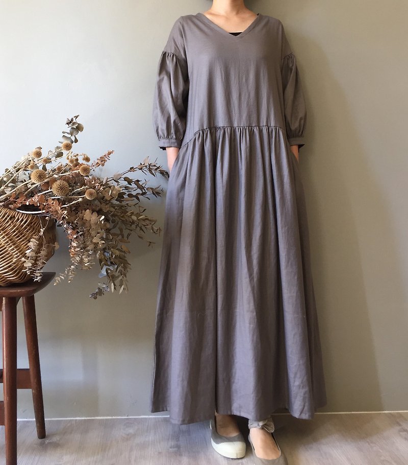 *Xiaoxi poet*V-neck 藕 gray 8 points sleeves extreme long dress - One Piece Dresses - Cotton & Hemp 