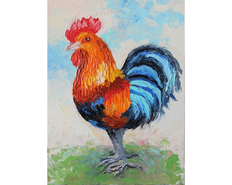 Rooster Oil Painting Animal Original Art Impasto Wall Art Farmhouse Wall Decor - 海報/掛畫/掛布 - 其他金屬 多色