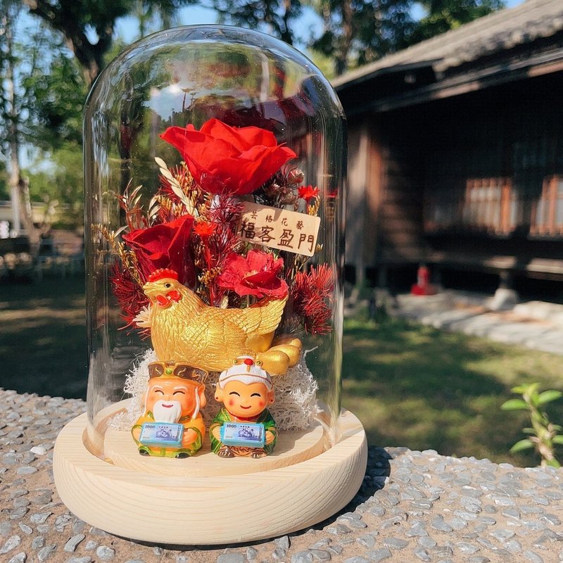 財源滾滾 紫南宮永生玫瑰玻璃LED花盅 雷射雕刻 土地公婆 金雞 - 乾燥花/永生花 - 植物．花 