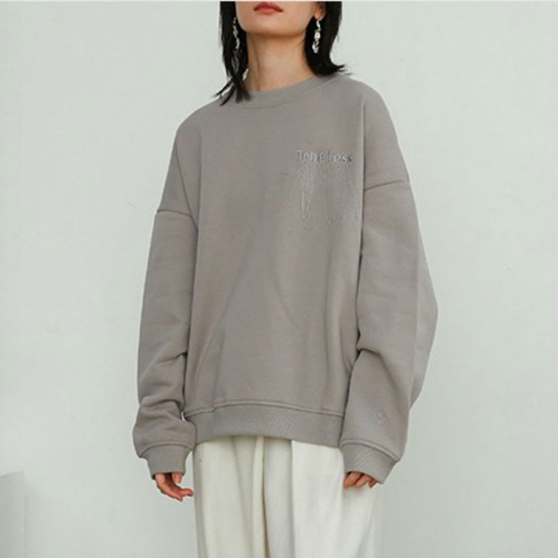 灰色 Toneless三色 樂隊刺繡套頭衛衣 秋冬加絨男女同款長袖大學T - 女大衣/外套 - 棉．麻 灰色