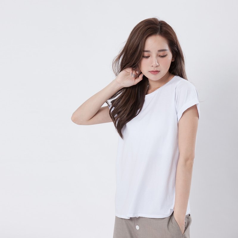Plain wide cotton T-shirt /White - Women's T-Shirts - Cotton & Hemp White
