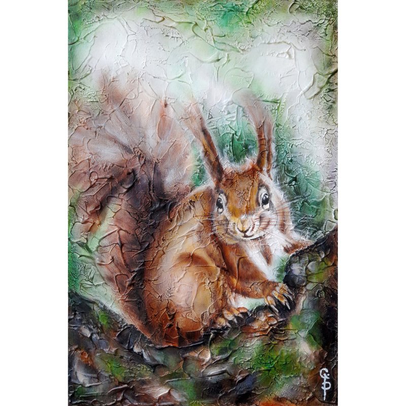 Squirrel Painting Canvas Original Wild Animal Art Abstract Oil Modern wall art - 壁貼/牆壁裝飾 - 其他材質 多色
