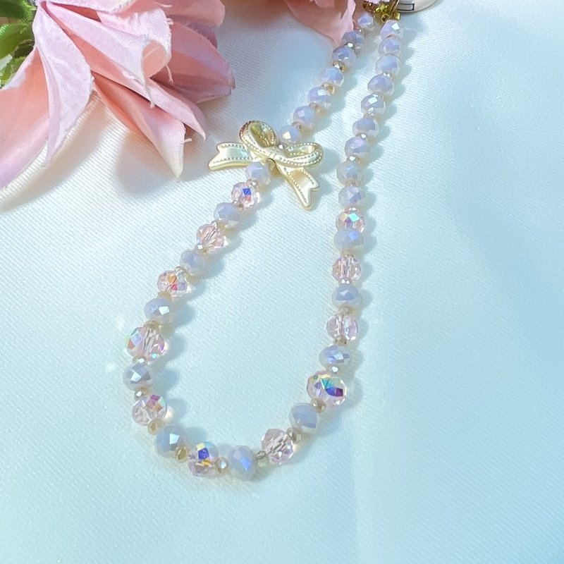 Rom828 ビーズ付き携帯チェーン - エレガントなピンクバブル 160 - ストラップ・チェーン - クリスタル ピンク