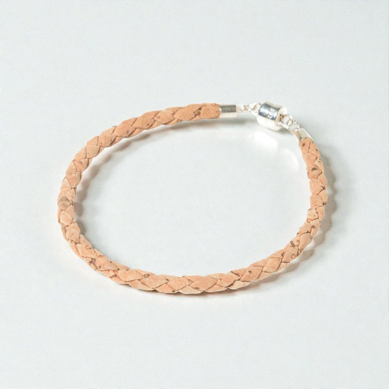 S925純銀飾扣 編織軟木皮革手鍊 單圈 - 手鍊/手鐲 - 軟木/水松木 咖啡色