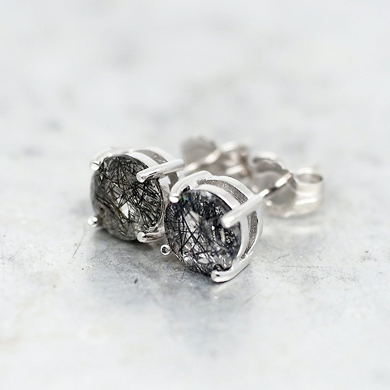 Black Rutilated Quartz Earrings, Sterling Silver Rhodium Plated, 6mm Round - 耳環/耳夾 - 其他金屬 黑色