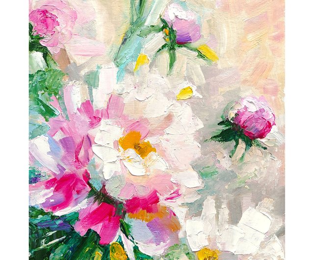 牡丹のオリジナル絵画、フラワーアート、花の壁アート、油絵。手工油絵
