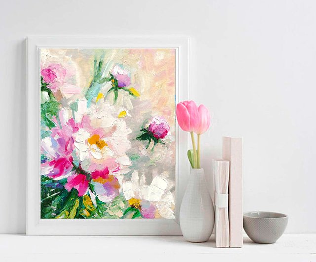 牡丹のオリジナル絵画、フラワーアート、花の壁アート、油絵。手工油絵