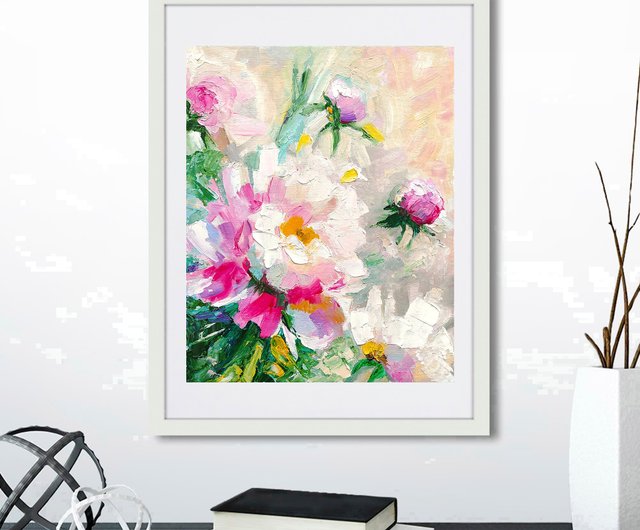 牡丹のオリジナル絵画、フラワーアート、花の壁アート、油絵。手工油絵