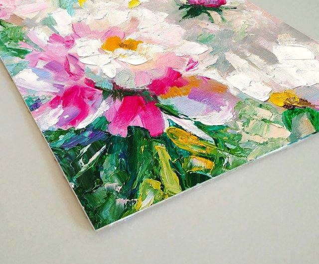 牡丹のオリジナル絵画、フラワーアート、花の壁アート、油絵。手工油絵