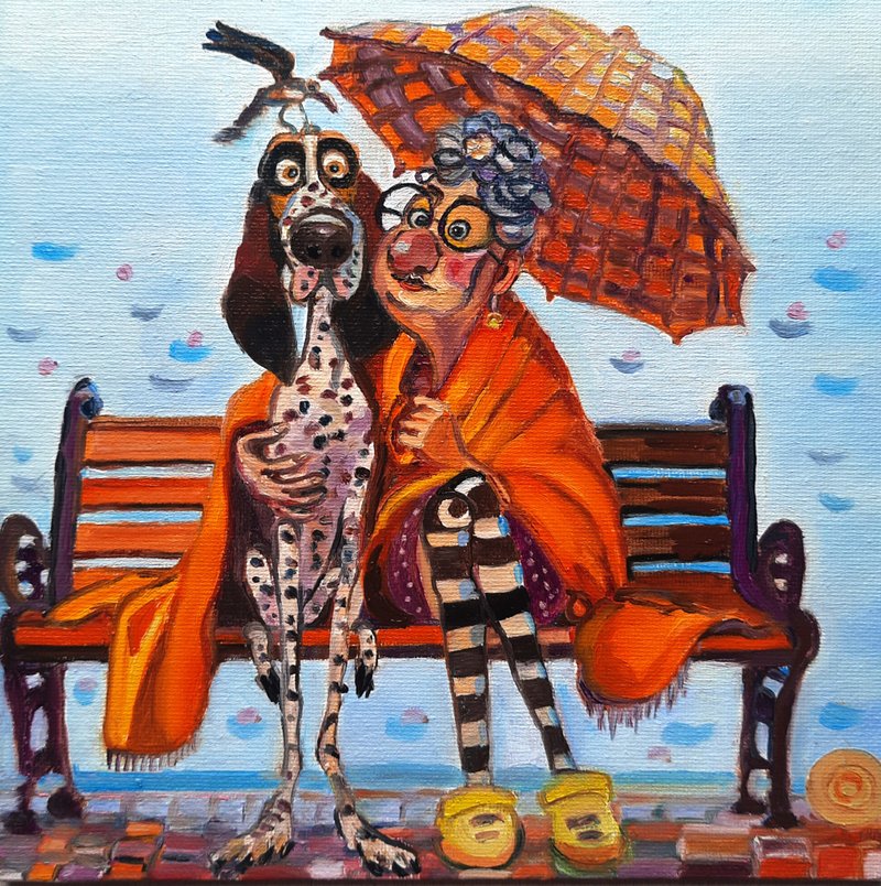 Woman and Dog Painting Original Art Small  Oil Painting on Cardboard - 壁貼/牆壁裝飾 - 其他材質 橘色