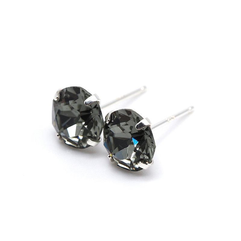 Black Diamond Swarovski Crystal Big Earrings, Sterling Silver, 8mm Round, 男女耳釘 - Earrings & Clip-ons - Other Metals Black