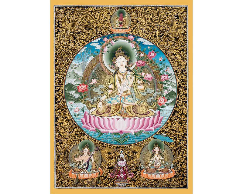 White Tara Thangka Painting - Handcrafted Tibetan Meditation Artwork - Wall Décor - Other Materials Multicolor