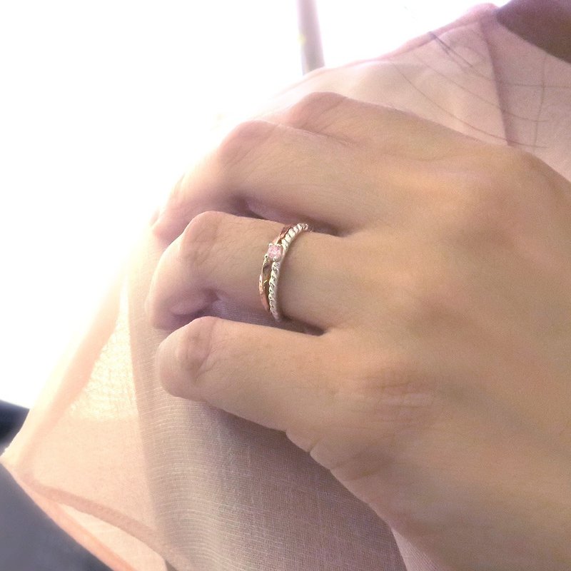 戒指 麻花小鑽爪鑲戒+方扭戒 純銀戒指(雙件組-可選色) - 戒指 - 銀 銀色