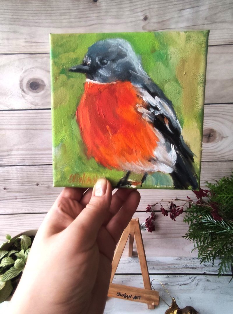 Bird Painting Oil Original Art Orange Bird Artwork Oil Wall Art - ตกแต่งผนัง - วัสดุอื่นๆ หลากหลายสี