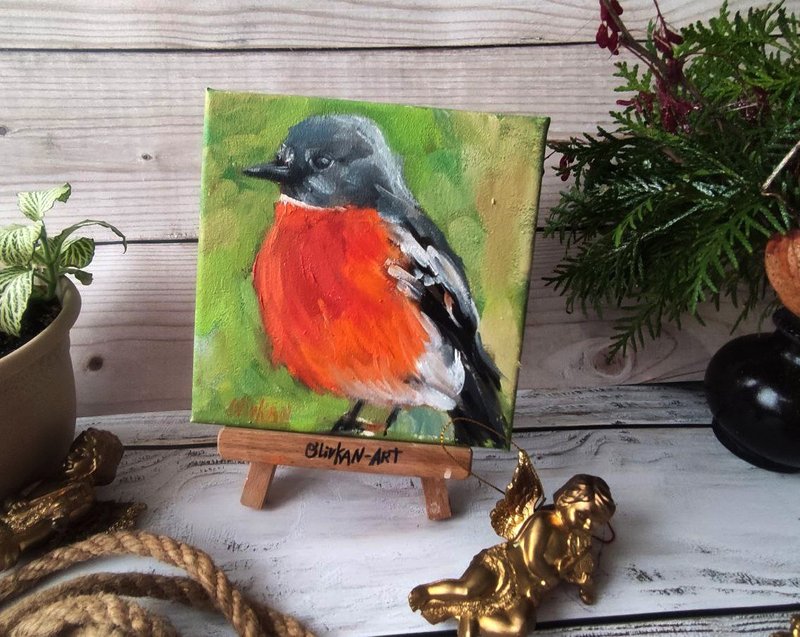 Bird Painting Oil Original Art Orange Bird Artwork Oil Wall Art - 壁貼/牆壁裝飾 - 其他材質 多色