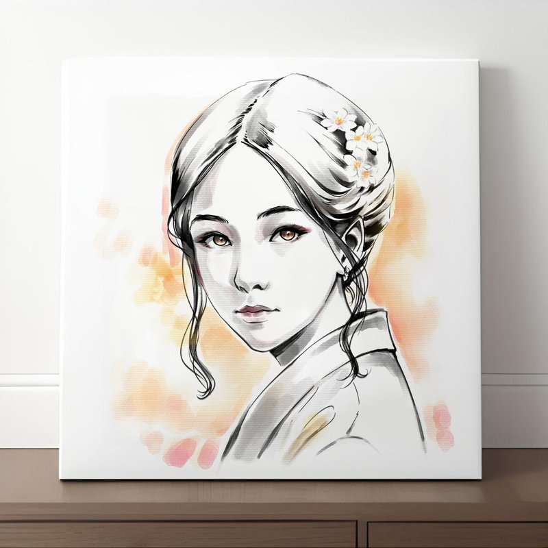 Black and White Sumi-e Portrait of Women Canvas Print for Living Room or Bedroom - ตกแต่งผนัง - กระดาษ ขาว