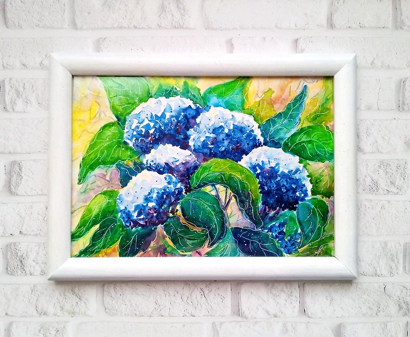 Hydrangea Painting Blue Flower Watercolor Original Wall Art Framed Home Decor - ตกแต่งผนัง - วัสดุอื่นๆ สีน้ำเงิน