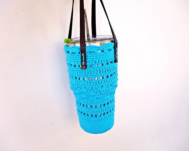 Deep lake blue cotton hand crochet bag water bottle bag cup bag eco-friendly bag - Handbags & Totes - Cotton & Hemp Blue