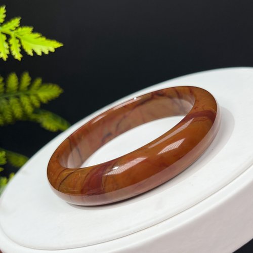 WANZAMGOK 獨特橘棕色阿拉善瑪瑙手鐲60MM 高瓷爆裂紋戈壁彩玉手環 招財辟邪