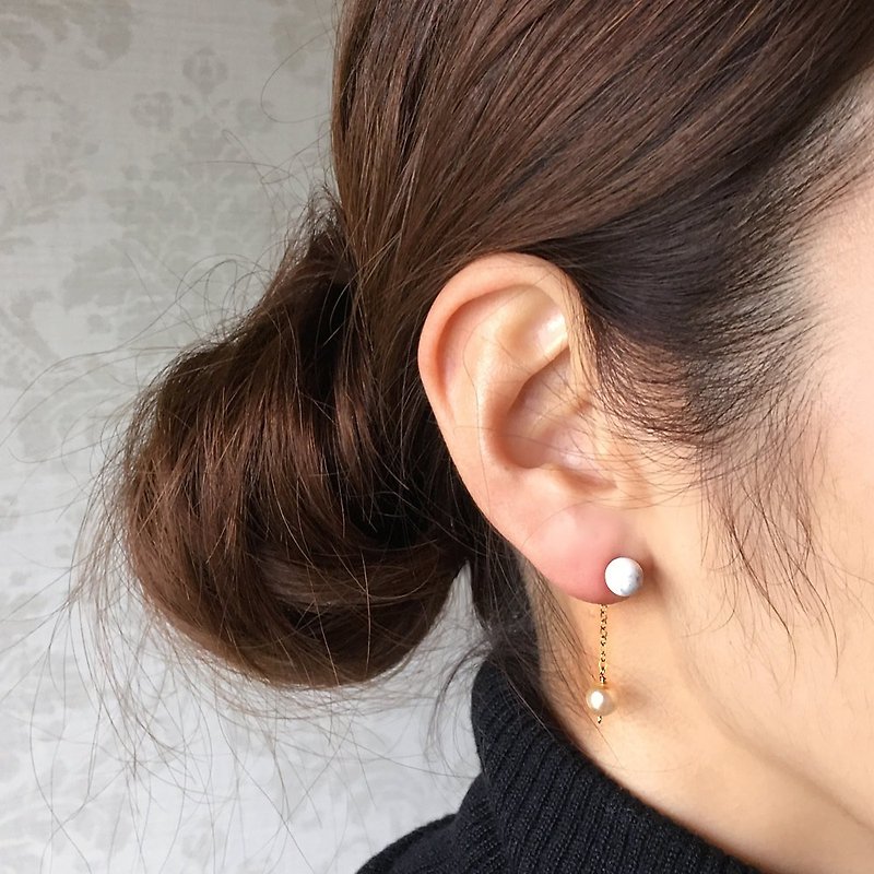 14kgf howlite and vintage pearl bead chain earrings - Earrings & Clip-ons - Gemstone White