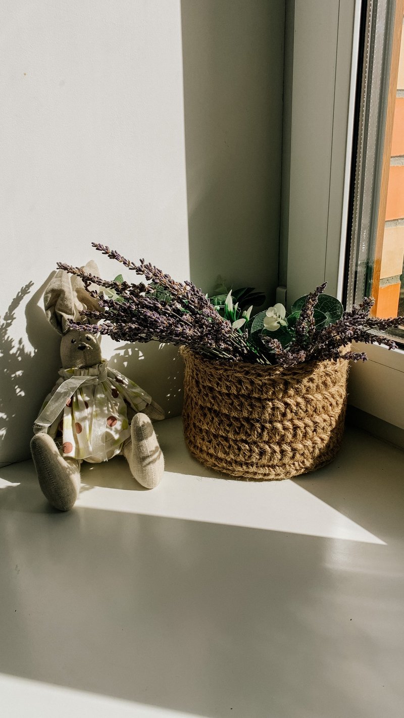 Crochet woven Nordic style basket for plants, flowerpot - Shelves & Baskets - Cotton & Hemp Khaki