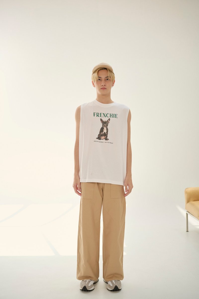 上衣 HAY : Frenchie Sleeveless / T-Shirt - White / Cream (unisex) - 女 T 恤 - 棉．麻 