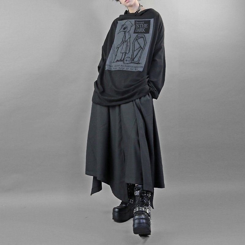 ドレープネック・プリント 長袖カットソー　japan gothic rock DRT2740 - Tシャツ - ポリエステル ブラック