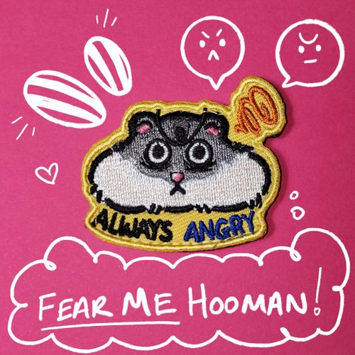 Bleak Illustration Always Angry Hamster Embroidery Patch in velcro and iron on