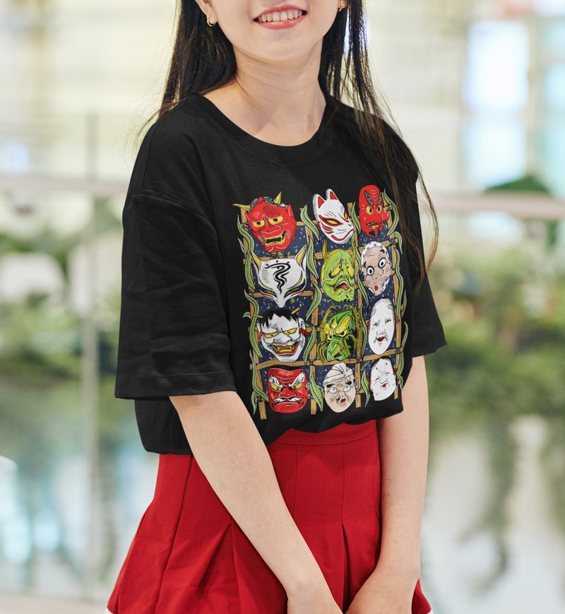 Japanese Traditional Masks Collection Streetwear 100% Cotton Unisex T-Shirt - 男襯衫/休閒襯衫 - 棉．麻 多色