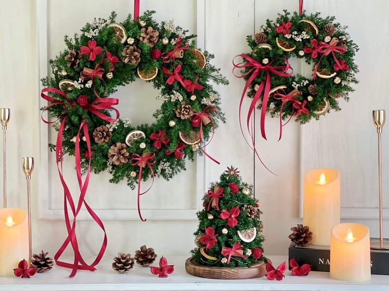 [Customized products] Harvest Series‧Eternal cedar small wreath/large wreath/Christmas tree night light - Dried Flowers & Bouquets - Plants & Flowers Red