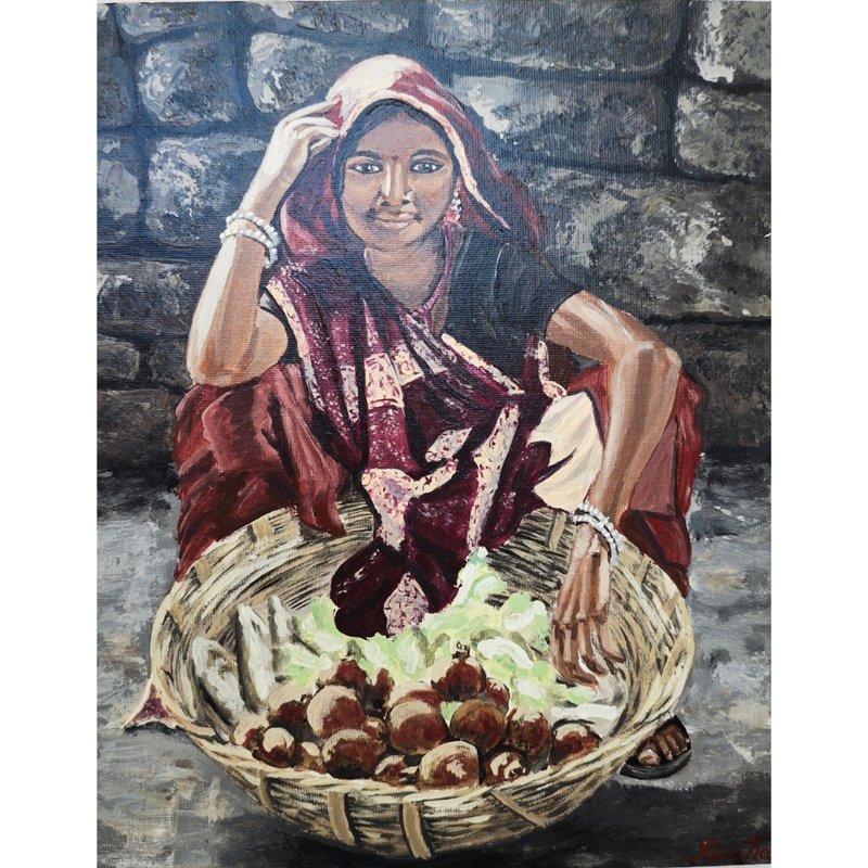 身穿紗麗賣水果的印度女孩 RinaArtSK 原創具象藝術作品 - 壁貼/牆壁裝飾 - 其他材質 多色