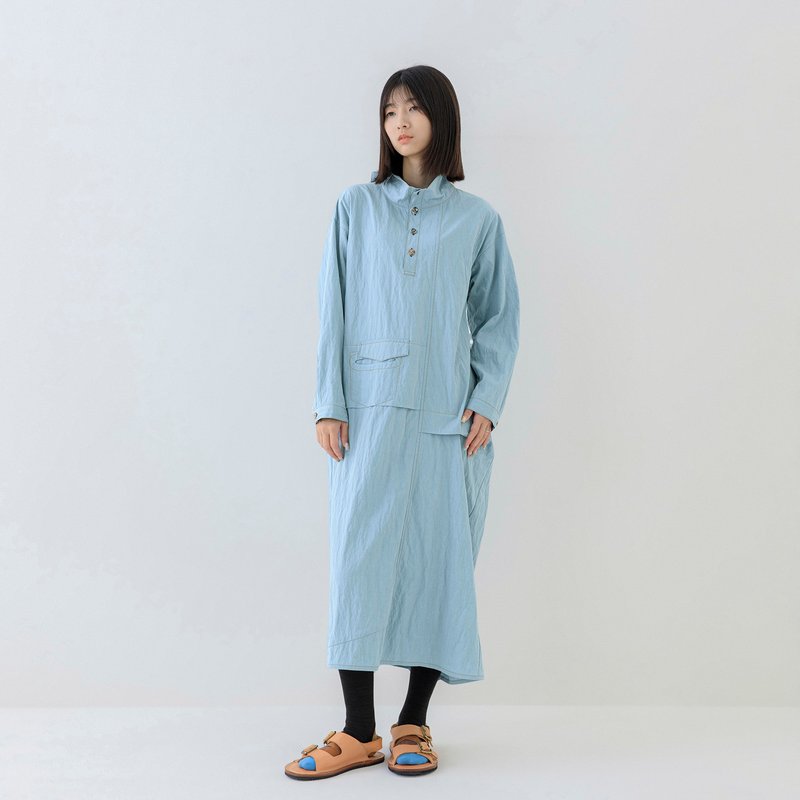拼組口袋立領洋裝 - 洋裝/連身裙 - 其他材質 藍色