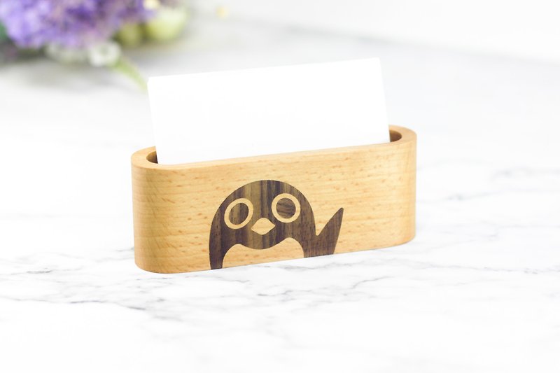 Penguin Wood Inlay Business Card Holder/ For Animal Lovers - Card Stands - Wood Orange