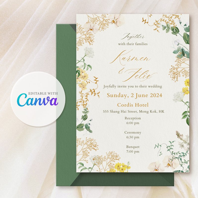 [Electronic Wedding Invitations] [Canva Applicable] Small Fresh Orchids and Gypsophila Classic Garden Wedding Invitations - Wedding Invitations - Paper White