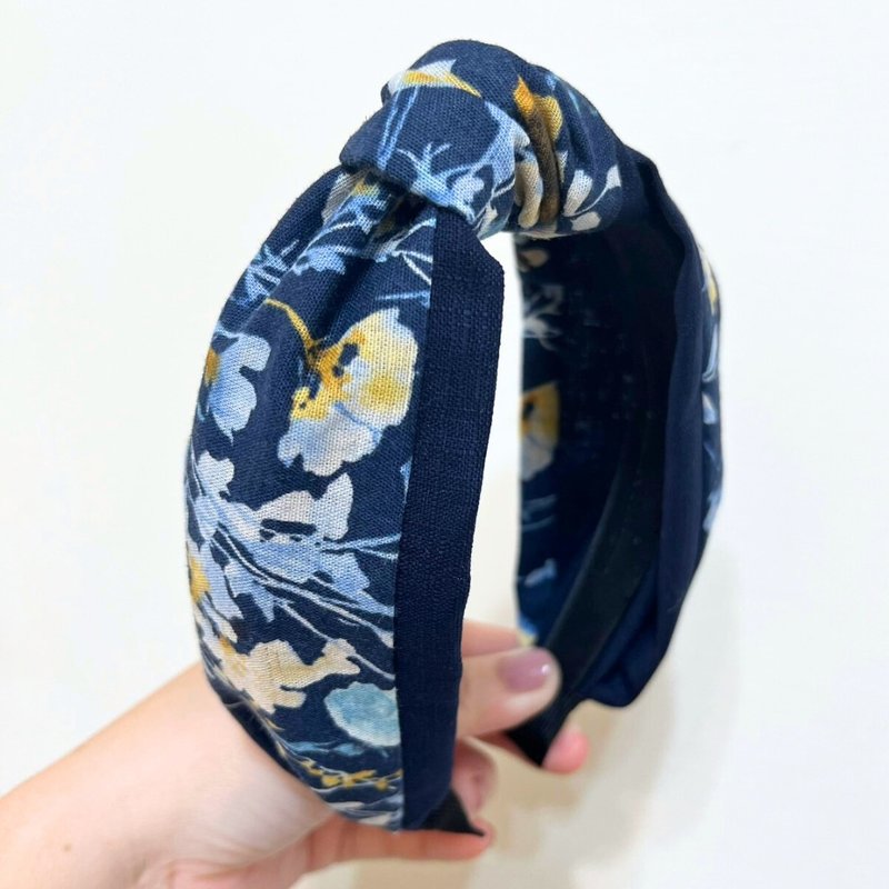 水彩暈染花繪三層紗 高彈力 扭結髮箍 少量製作 手作髮 - 髮箍/髮帶 - 棉．麻 藍色