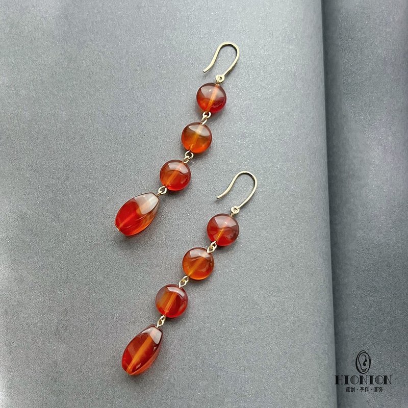 原創小眾天然紅瑪瑙耳環新中式復古耳夾耳掛長款中古高級感耳飾 - 耳環/耳夾 - 其他材質 紅色