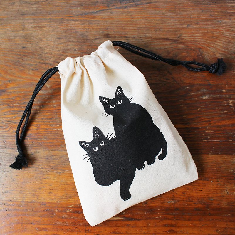 棉．麻 化妝袋/收納袋 黑色 - 兩隻黑貓 束口袋