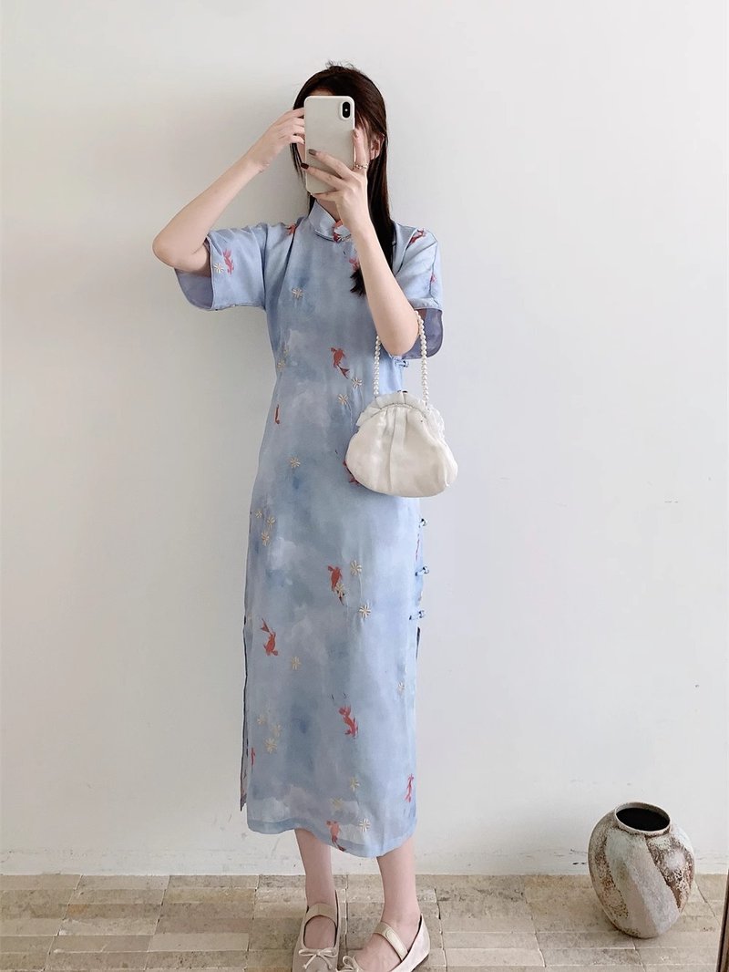 淺灰藍 少女古法旗袍斜襟全開襟旗袍 新中式國風復古改良洋裝裙 - 旗袍/改良式旗袍 - 其他人造纖維 藍色