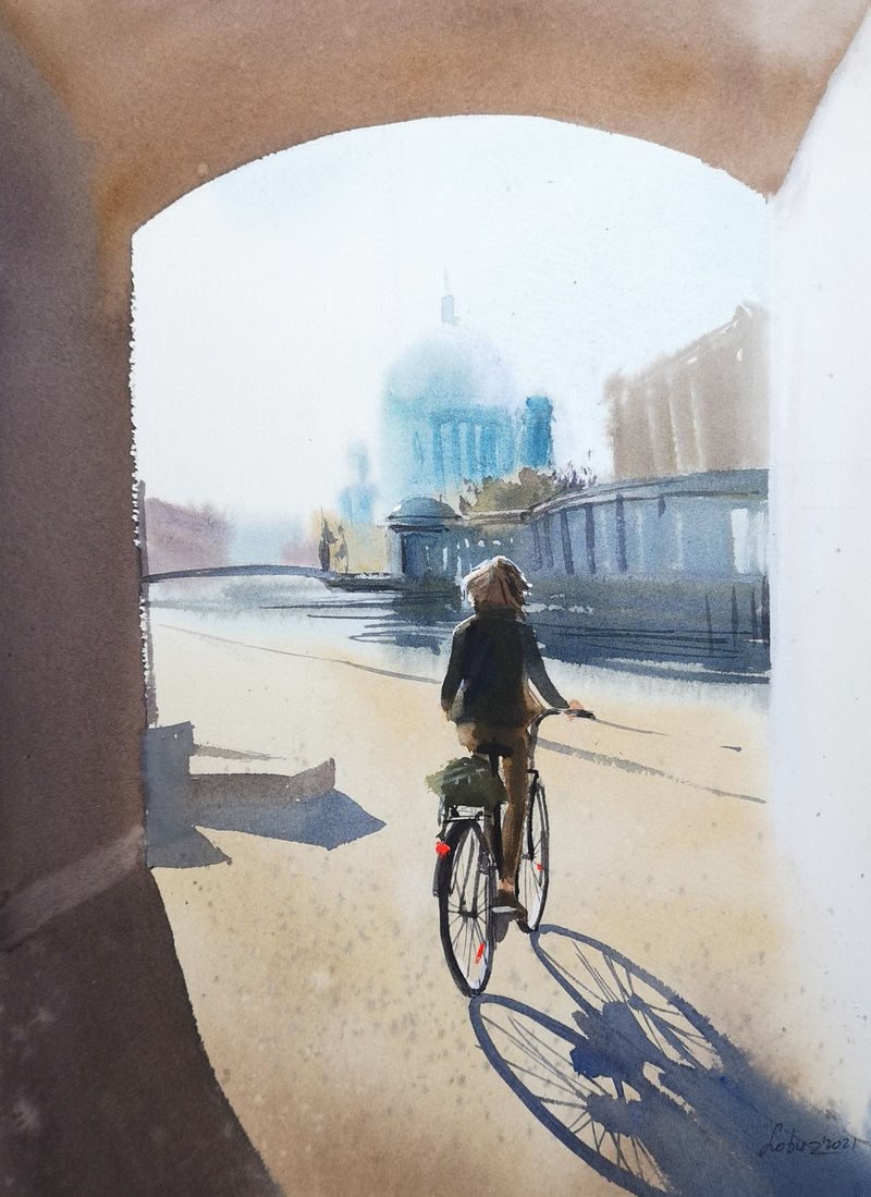 Morning cycling along the embankment of the river Spree - Print from watercolor - 壁貼/牆壁裝飾 - 紙 白色