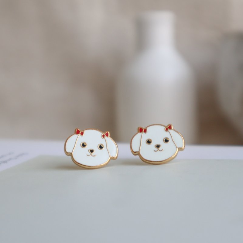 馬爾濟斯 Maltese  夾式 耳環 生日禮物 寵物飾品 狗狗 紙盒包裝 - 耳環/耳夾/耳骨夾 - 琺瑯 白色