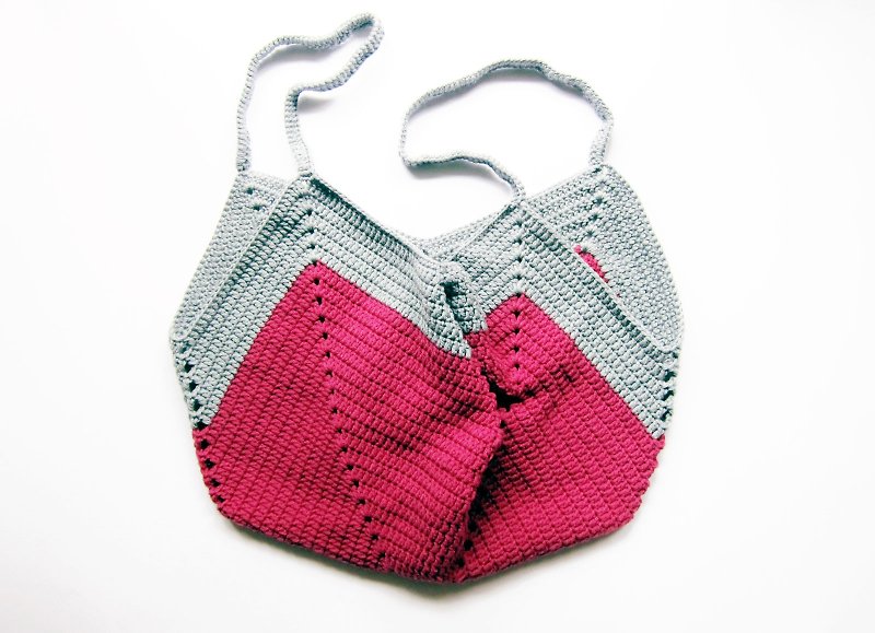 Tote bag shopping bag bag 100% cotton wool hand crochet bag two-color version - Messenger Bags & Sling Bags - Cotton & Hemp Multicolor