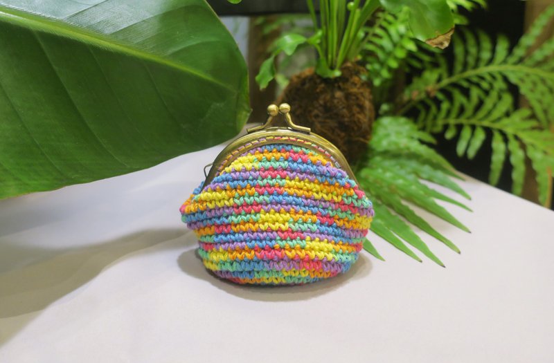 Hand-woven gold bag/coin purse/low chroma rainbow color - Coin Purses - Cotton & Hemp Multicolor