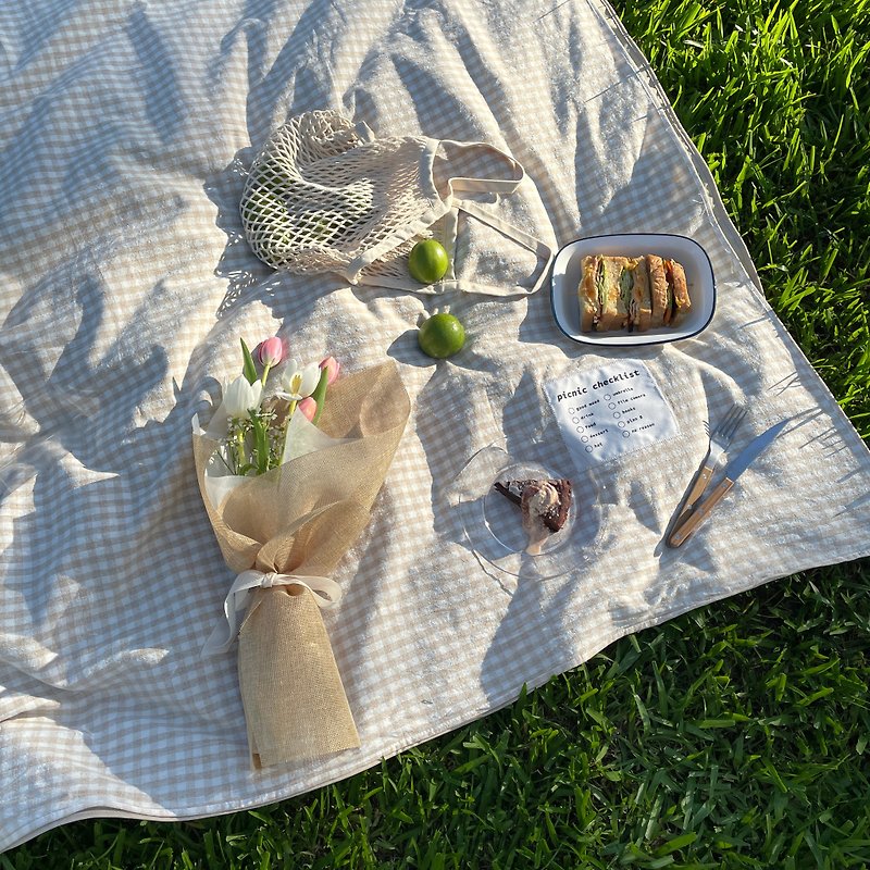 棉．麻 野餐墊/露營用品 卡其色 - 濟州島杏色棉麻防水野餐墊套組