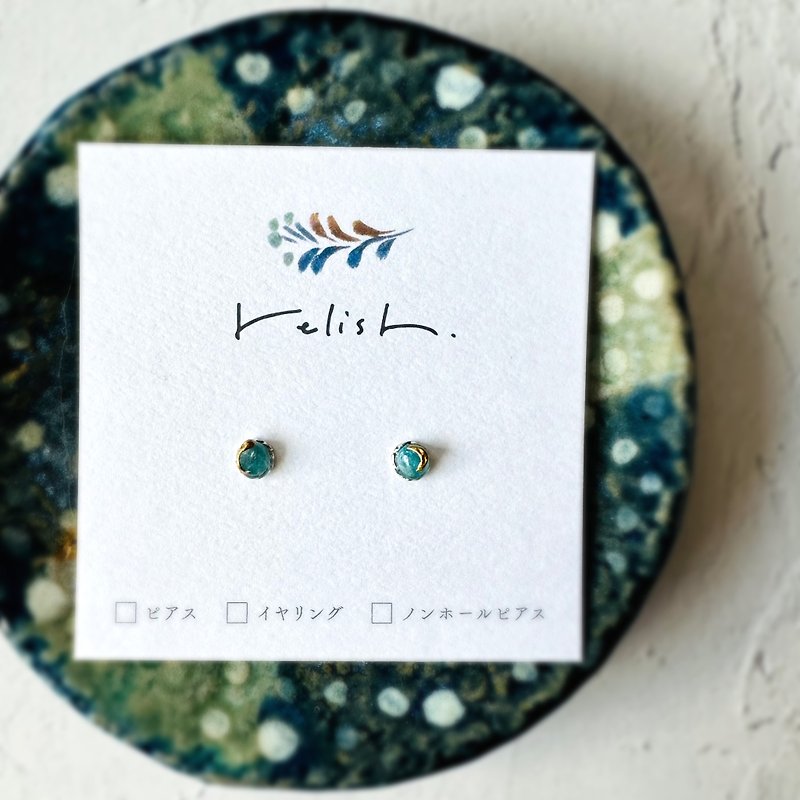 [Resale] 1 Natural Stone Apatite Kintsugi Line Earrings Non-pierced Earrings Gold Gold Silver Silver Blue Blue Light Blue Light Blue Small Simple - Earrings & Clip-ons - Stone Blue