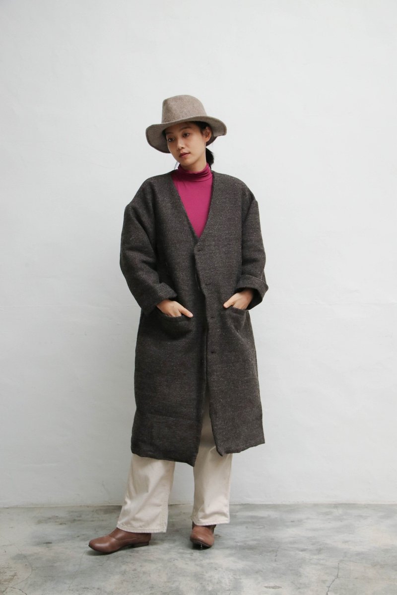 Yak hair V-neck unisex long coat - Women's Casual & Functional Jackets - Wool Brown